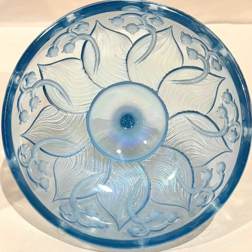 Fenton Lily of the Valley Blue Opalescent Moon Glass Lidded Candy Dish Vintage